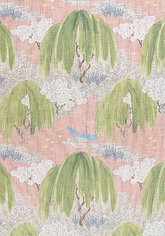 a pink and green wallpaper with palm trees