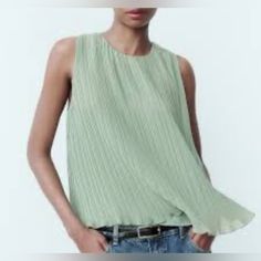 Zara Sleeveless Pleated Top In Green Chic Spring Tank Vest, Chic Cami Vest For Spring, Casual Tank Top For Spring Workwear, Chic Green Tank Vest, Green Sleeveless Vest For Spring, Green Vest Top For Spring, Chic Green Sleeveless Tank Top, Casual Sleeveless Spring Blouse, Chic Green Summer Vest