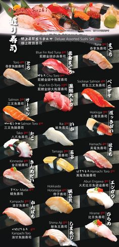 the menu for sushi is shown in english and japanese