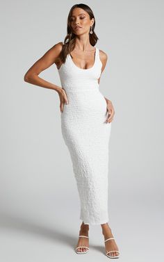 Novida Midi Dress - Textured Bodycon Dress in White | Showpo USA Bodycon Midi Dress Outfit, Black Ruched Midi Dress, Midi White Dress, White Midi Dress Bodycon, Textured Bodycon Dress, Bridal Wardrobe, Midi Dress Outfit, Wedding Apparel, Bodycon Style