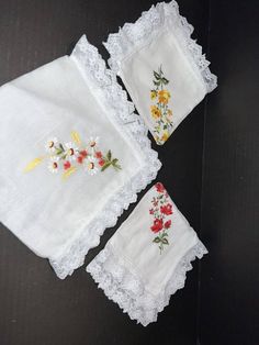 Lot of 3 VTG Ladies hankie Handkerchief floral multi color pretty embroidery. Floral Embroidered Handkerchiefs For Spring Gift, Spring Handkerchiefs With Floral Embroidery As Gift, Spring Floral Embroidery Handkerchiefs As Gift, Spring Gift Handkerchiefs With Floral Embroidery, Spring Cotton Handkerchiefs With Floral Embroidery, White Embroidered Flower-shaped Handkerchiefs, White Embroidered Flower Shaped Handkerchiefs, Shasta Lake, Pretty Embroidery