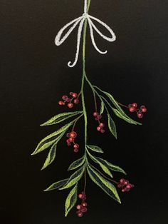 a painting of some red berries and green leaves on a black background with white ribbon