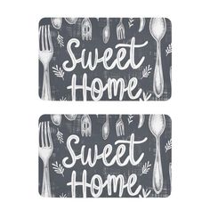 two placemats with the words sweet home and spoons on them, in black and white