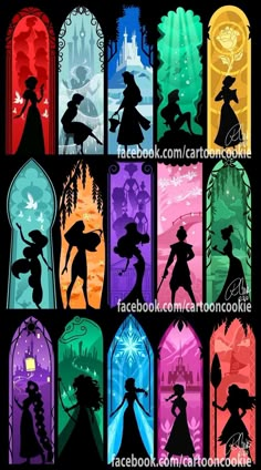 the silhouettes of disney characters in different colors