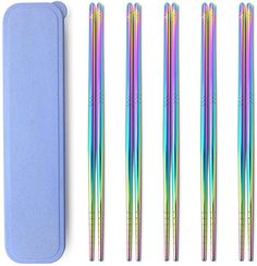 six different colored straws in a blue case