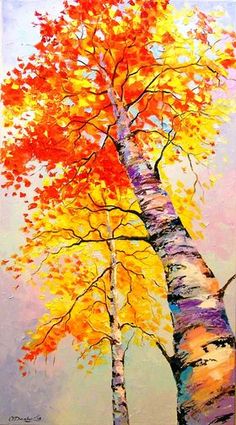 an acrylic painting of a tree in autumn