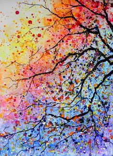 an abstract painting of trees with colorful leaves