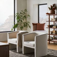 a living room with two white chairs and a plant in the corner next to it