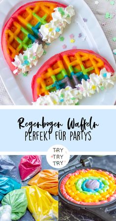 some colorful waffles are on a plate and the words, pretzel fur party