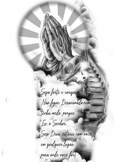 a drawing of a praying person with clouds and sun in the background