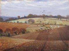 a painting of birds flying in the sky over a farm land with trees and fields