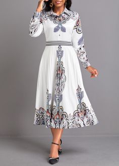 White Shirt Collar, Shirt Collar Dress, Latest Dress For Women, High Neck Maxi Dress, Long Sleeve Print Dress, Plus Size Maxi Dresses, Women Wedding Guest Dresses, Collar Dress, Shirt Collar