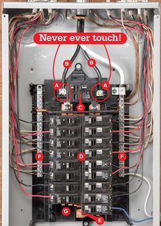 an electrical panel with many wires attached to it and the words never ever touch above them