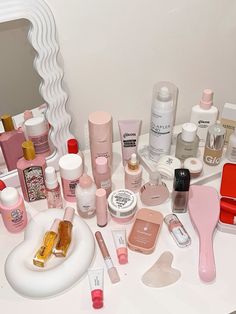 Some of the stuff I *might* bring on the trip 🙏 So far been loving the new @glossier foundation so thats a must for me to take 🔥 ordered a shade lighter cause ended up being slightly too dark for me atm Glossier Foundation, Pink Wonyoungism, Croquette Aesthetic, Pink Skincare, Aesthetic Skincare, New Bedroom, Pink Lifestyle, Perfume Body Spray