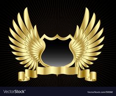 golden shield with wings and ribbon on black background