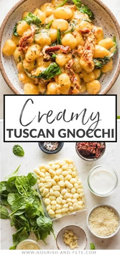 creamy tuscann gnocchi with spinach and other ingredients on the side