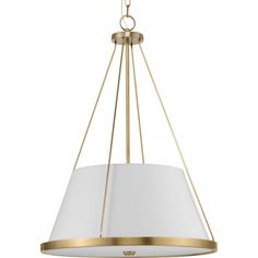 a light fixture with a white shade on the bottom and gold trimming around it