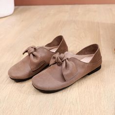 Mary Jane Shoes For Women Leather Handmade Casual Slip On Shoes Flats Coffee/Black Leather Bow Flats With Round Toe, Leather Flats With Bow And Round Toe, Elegant Brown Flats With Bow, Chic Brown Flats With Bow, Leather Flats With Bow For Fall, Leather Bow Flats For Fall, Casual Leather Flats, Flat Shoes For Women, Casual Slip On Shoes