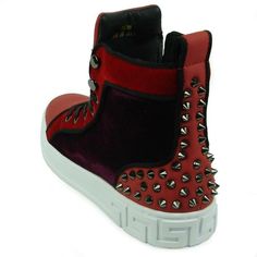 Encore Fiesso Men's Fashion High Top Sneakers with Spikes Red FI 2348 Size 8 -13 PU Faux Leather Upper, PU Lining and Rubber Sole Lace up Spikes in the back of the shoes Trimmed in Red and Burgundy Velvet White Bottoms Red Casual Custom Sneakers With Studded Outsoles, Winter Low-top Sneakers With Red Sole, Winter High-top Sneakers With Red Sole, Red High-top Custom Sneakers With Studded Outsoles, Winter Lace-up Sneakers With Red Sole, Red High-top Winter Sneakers, Red Winter Sneakers With Rubber Sole, Designer Red High-top Sneakers With Round Toe, Burgundy High-top Sneakers For Streetwear