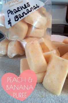 some pieces of food sitting on top of a counter next to a bag with the words peach and banana puree