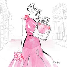 a drawing of a woman in a pink dress holding a perfume bottle and flower bouquet