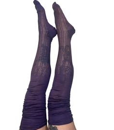 A wonderful pair of late 19th, possibly early 20th century stockings made from what feels like a cotton and silk blend.  The stocking come in purple and they have been woven with a lacy lower leg.  The length is longer than usual so these are perfect for the colder months or a long pair of legs.  Over all condition is good but unfortunately as is usual with early purple dyes there has been fade and colour movement.  There was a one hole that I have spotted and photographed and I just found anoth Purple Stretch Thigh High Legwear, Fitted Purple Thigh High Legwear, Purple Party Hosiery, Purple Stretch Thigh High Hosiery, Fitted Purple Thigh-high Legwear, Purple Thigh High Tight Hosiery, Purple Tight Thigh High Hosiery, Fitted Purple Thigh High Stockings, Purple Stretch Thigh-high Legwear