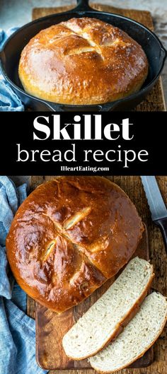 a skillet bread is sitting on a cutting board next to a loaf of bread