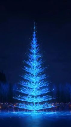 a large blue christmas tree lit up in the night with lights on it's sides