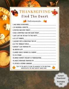 a printable thanksgiving find the guest card with pumpkins and other items around it