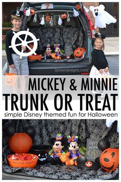 mickey and minnie trunk or treat at disney's halloween fun for kids with text overlay