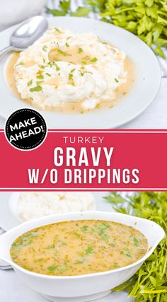 turkey gravy w / o dippings with mashed potatoes and parsley on the side