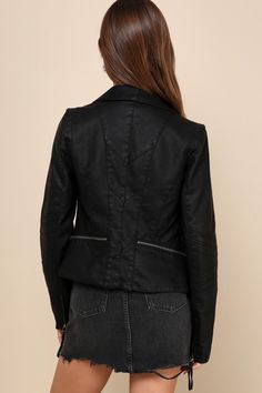 Weekday or not, spice up the night with the Lulus Up on a Tuesday Black Vegan Leather Jacket! This sleek moto jacket has a collared neckline, long sleeves with zipper cuffs, and eye-catching top-stitching throughout. Gunmetal zippers provide a centered front zipper, decorative zipper pockets, and horizontal zips above the hem. Fit: This garment fits true to size. Length: Size medium measures 22.5" from shoulder to hem. Bust: Great for any cup size. Waist: Loosely Fitted. Undergarments: May be wo Fitted Leather Jacket With Metal Zipper For Spring, Chic Fitted Biker Jacket With Metal Zipper, Fitted Biker Jacket With Metal Zipper For Spring, Fitted Cropped Jacket With Zipper For Night Out, Chic Fitted Leather Jacket With Metal Zipper, Edgy Outerwear With Pockets For Night Out, Chic Fitted Blazer With Zipper Closure, Spring Fitted Outerwear With Metal Zipper, Chic Fitted Biker Jacket With Zipper Closure