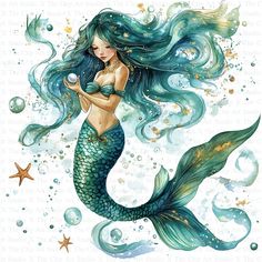 a watercolor painting of a mermaid with long blue hair and stars on it's tail