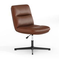 a brown leather office chair sitting on top of a metal base