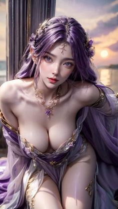 an image of a woman with purple hair and makeup sitting on a pole in front of the ocean