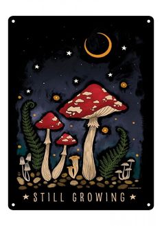 an image of mushrooms in the night sky with stars and moon above them, as well as text that reads still growing