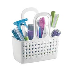 a white caddy filled with lots of different types of toothbrushes and hygiene products