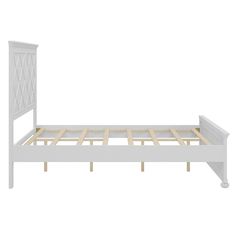 a white bed frame with wooden slats