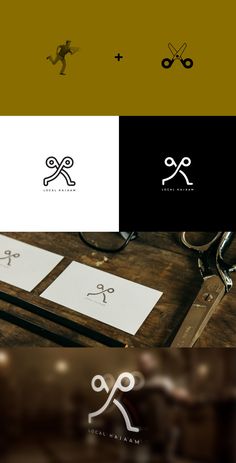 the logo for scissors is shown on top of a wooden table with scissors and paper