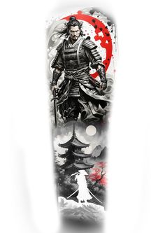 a snowboard with an image of a samurai on the front and back cover in black and white