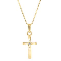 A traditional symbol of faith, this exquisitely crafted 14k yellow gold-filled cross pendant necklace is sure to become a treasured keepsake for the special child in your life. Featuring a round accent diamond encompassed by intricate flowering detail, the cross pendant pairs with a classic chain that fastens with a ring clasp. The chain measures 13 inches in length while the pendant measures 13mm in length by 8mm in width. Diamond Cross Pendants, Diamond Cross, Cross Jewelry, Cross Pendant Necklace, Cross Pendant, Cross Necklace, Gold Filled, Gold Necklace, Yellow Gold