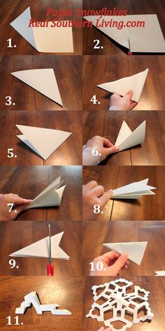 how to make paper snowflakes with scissors and glue on the table, step by step instructions