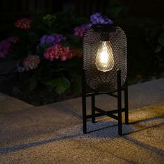 a light that is sitting on top of a metal stand with flowers in the background