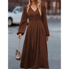 Solid Buttoned Dresses For Fall, Buttoned Dresses For Fall, Solid Fall Dress With Buttons, Fall Solid Color Dress With Buttons, Fall Solid Color Buttoned Dresses, Winter Midi Dress With Buttons, Chic Brown Midi Dress With Buttons, Fall Button-up Solid Color Midi Dress, Fall Button-up Midi Dress With Buttons