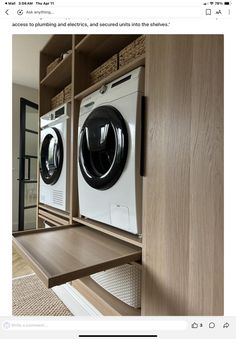 a washer and dryer sitting in front of each other on top of a shelf