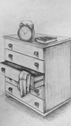 a pencil drawing of a dresser with an alarm clock on it's top shelf