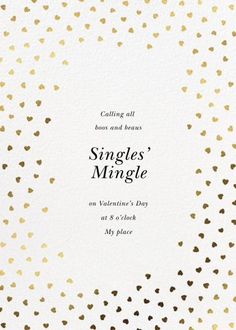 a white card with gold foil dots and the words singles'mingle on it