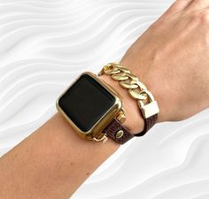 Unique Brown Leather with Gold Link Chain Bracelet Watch Band Designed for Apple Watch Band 38 40 41 42 44 45 49mm Wrap Strap for iWatch 8 7 6 5 4 3 2 1 SE Nike Hermes Editions  You want to look chic and glamorous but stay casual and classy? Then my bands are right for you - handcrafted with love and passion, designed specially for you to create a remarkable and elegant look. The best way to dress your watch for success. Just because you deserve it- All eyes on You! Best Gift for Wife, Friend, M Modern Apple Watch Band With Adjustable Chain, Modern Adjustable Apple Watch Band With Chain, Modern Adjustable Chain Apple Watch Band, Modern Watch Bands With Bracelet Strap And Chain Link, Modern Adjustable Chain Watch Band, Trendy Adjustable Chain Apple Watch Band, Gold Watch Accessories With Adjustable Bracelet Strap, Gold Adjustable Watch Extender, Adjustable Gold Chain Watch Bands