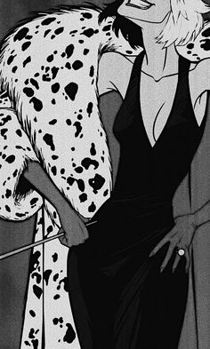 a black and white drawing of a woman with dalmatian print on her coat