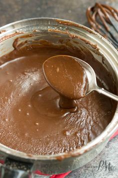 a spoon in a bowl filled with chocolate